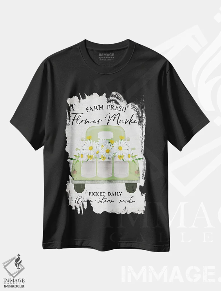 تیشرت مشکی طرح دار گل داوودی بازار گل، دکور روستایی اثر لِتِرد اند لایند | فروشگاه ایماژ
