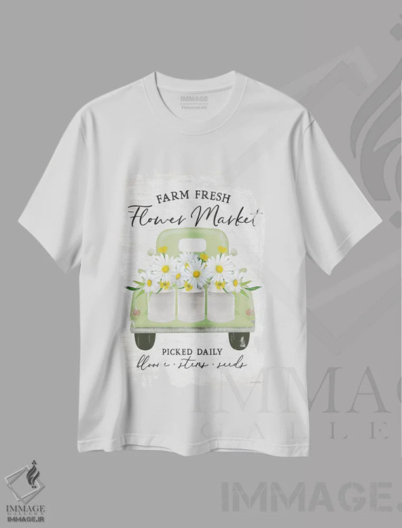 تیشرت سفید طرح دار گل داوودی بازار گل، دکور روستایی اثر لِتِرد اند لایند | immage.ir