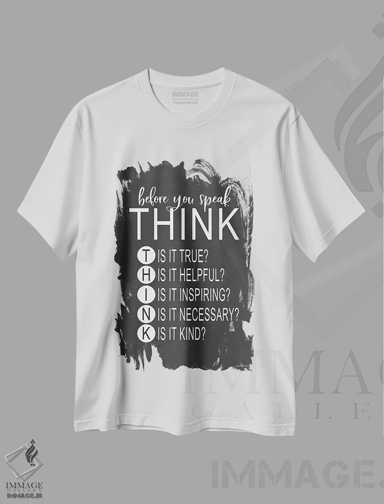 تیشرت سفید طرح دار قبل از صحبت فکر کن، هنر تزئینی سیاه و سفید اثر لِتِرد اند لایند | فروشگاه ایماژ