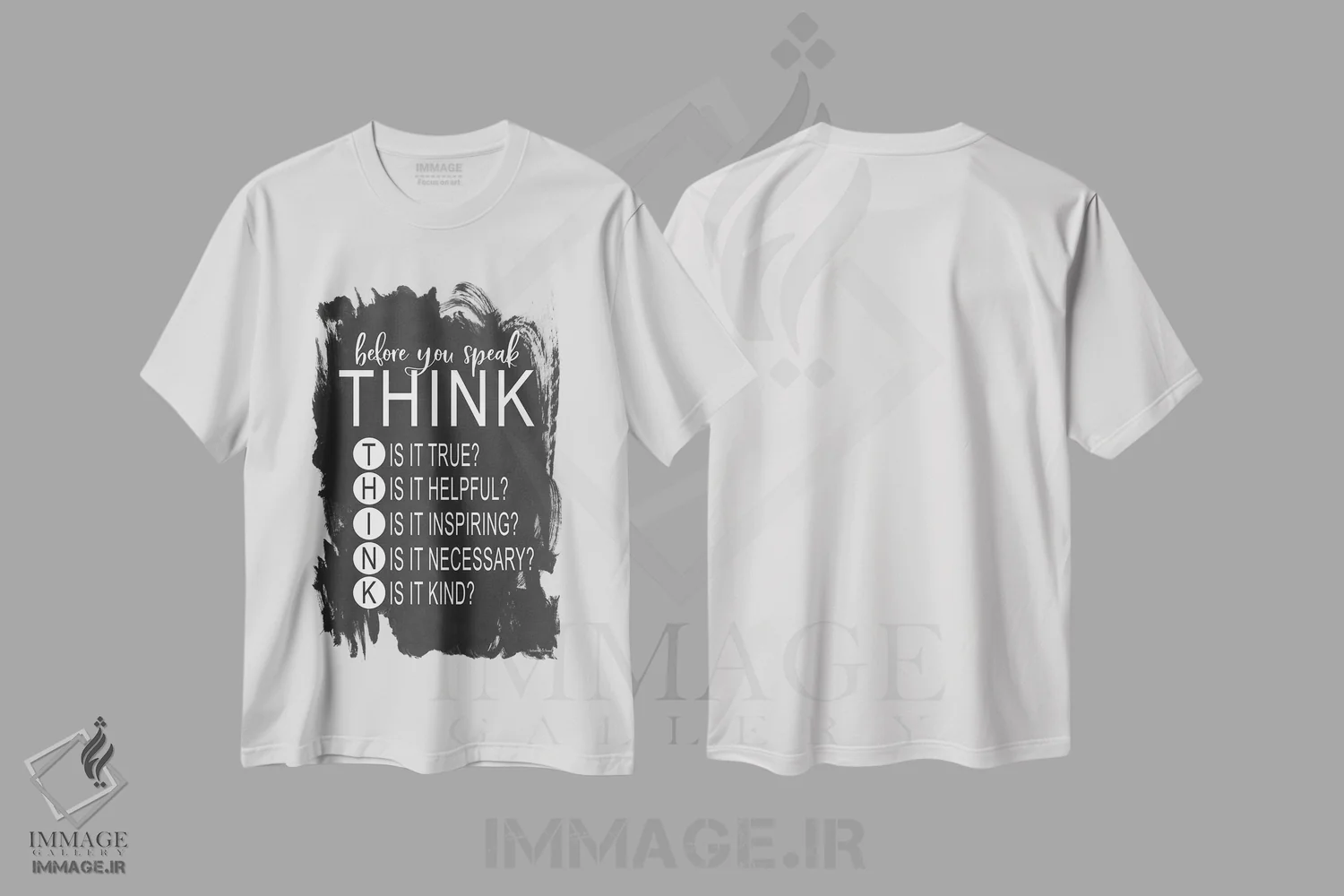 تیشرت سفید طرح دار قبل از صحبت فکر کن، هنر تزئینی سیاه و سفید اثر لِتِرد اند لایند | فروشگاه ایماژ
