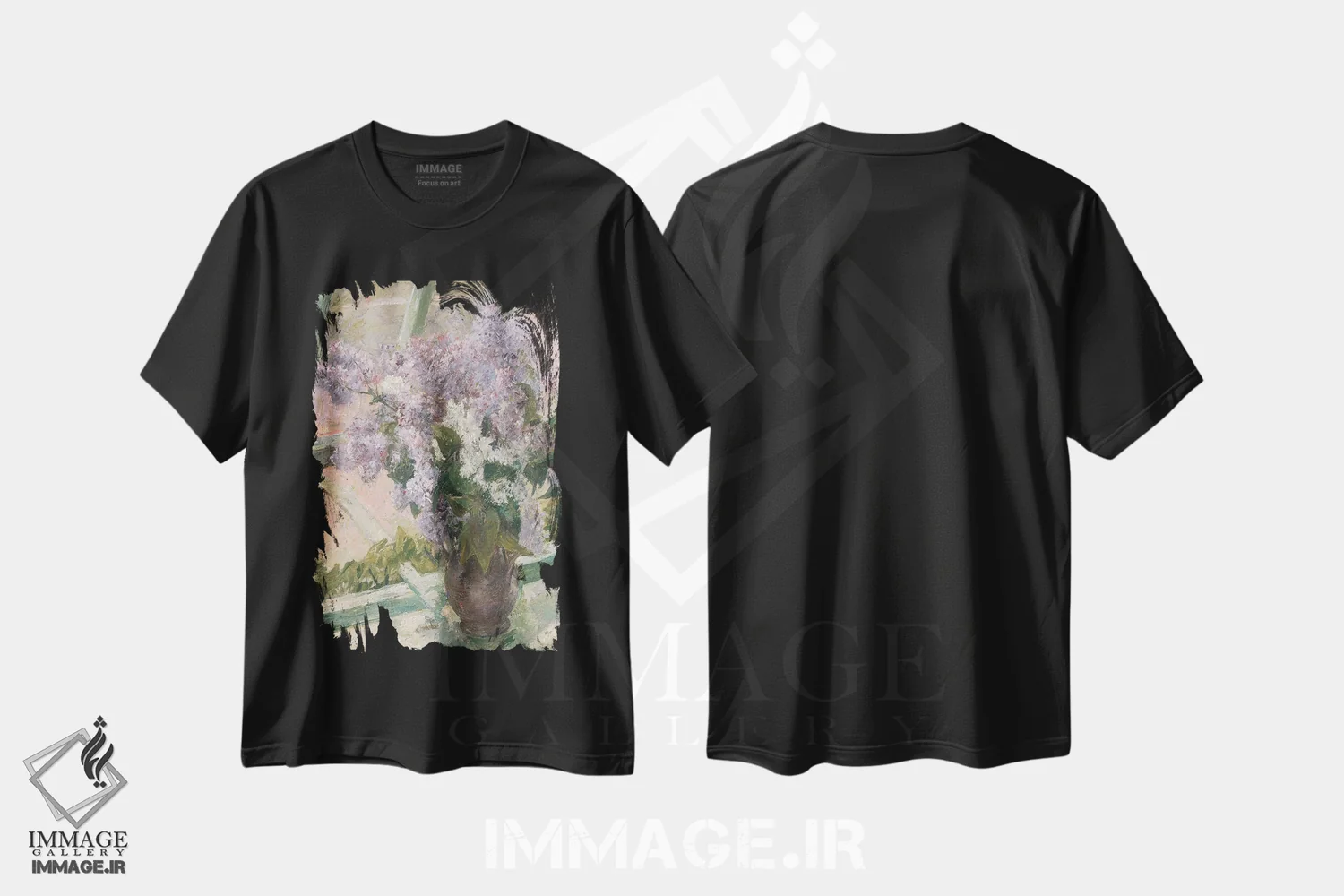 تیشرت مشکی طرح دار یاس بنفش در نور، تزئینی اثر لِتِرد اند لایند | فروشگاه ایماژ
