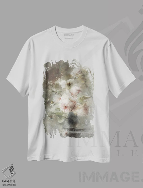 تیشرت سفید طرح دار دسته گل رز دنیای قدیم، تزئینی اثر لِتِرد اند لایند | فروشگاه ایماژ