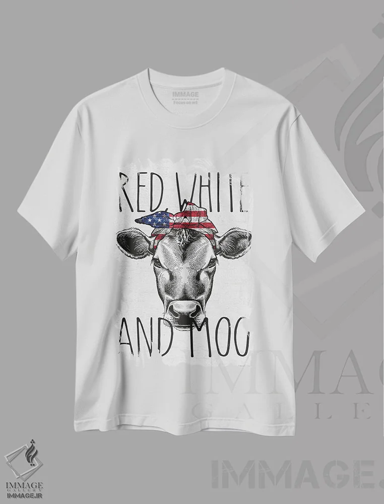 تیشرت سفید طرح دار White And Moo,قرمز، سفید و مااا، دکور آمریکایی اثر لِتِرد اند لایند | فروشگاه ایماژ