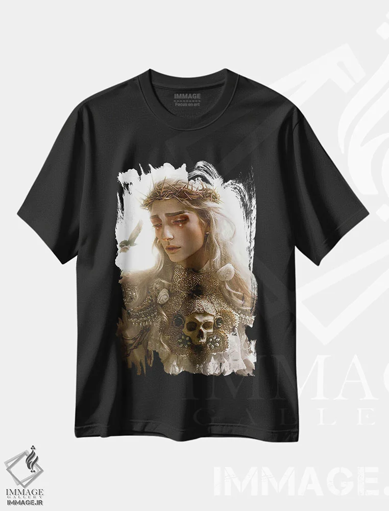 تیشرت مشکی طرح دار قدیس، هنر فاخر معاصر اثر لیلین لیو | فروشگاه ایماژ