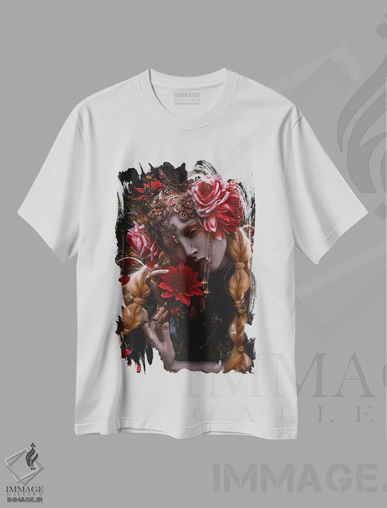 تیشرت سفید طرح دار گل خونین، هنر فاخر معاصر اثر لیلین لیو | فروشگاه ایماژ