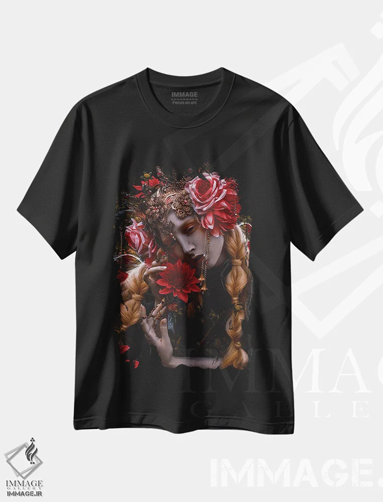 تیشرت مشکی طرح دار گل خونین، هنر فاخر معاصر اثر لیلین لیو | immage.ir