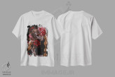 تیشرت سفید طرح دار گل خونین، هنر فاخر معاصر اثر لیلین لیو | فروشگاه ایماژ