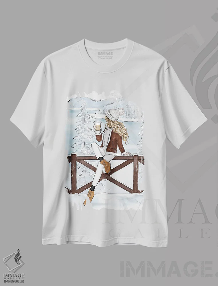 تیشرت سفید طرح دار کوه های سوئیس و دختر بلوند، مدیوم اثر لالانا آرتس | immage.ir