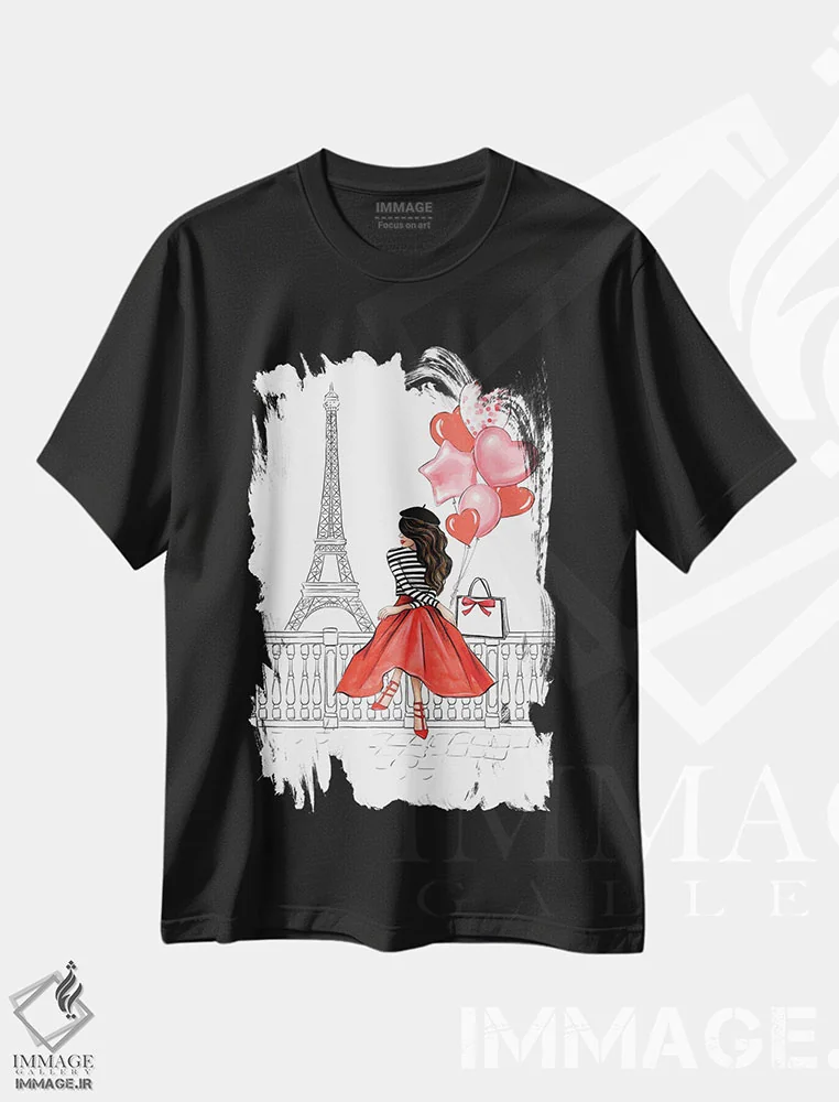 تیشرت مشکی طرح دار دختر با بادکنک؛ مشکی مو، مدیوم اثر لالانا آرتس | فروشگاه ایماژ