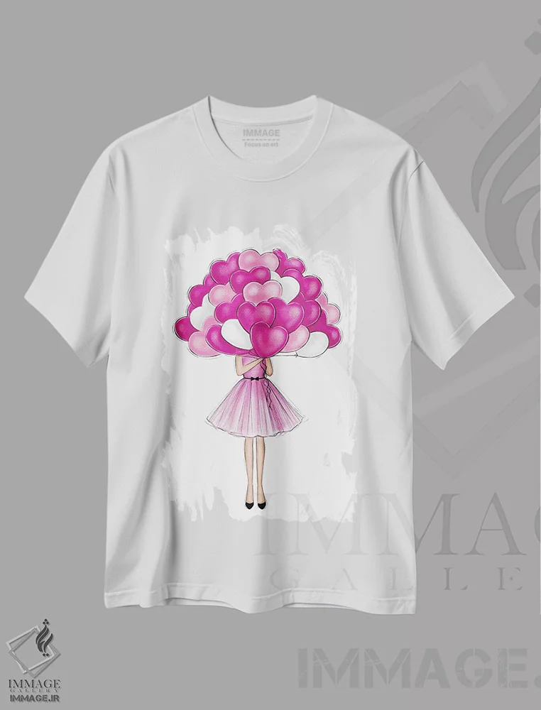 تیشرت سفید طرح دار بادکنک قلبی صورتی، مدیوم اثر لالانا آرتس | فروشگاه ایماژ