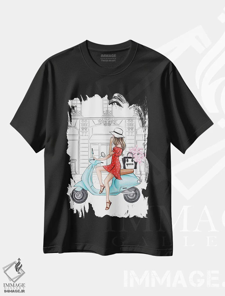 تیشرت مشکی طرح دار دختر سوار وسپا، مدیوم اثر لالانا آرتس | immage.ir