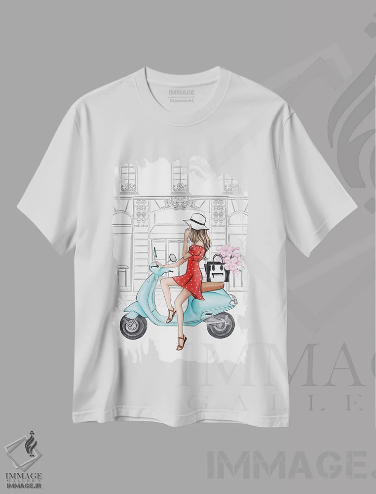 تیشرت سفید طرح دار دختر سوار وسپا، مدیوم اثر لالانا آرتس | فروشگاه ایماژ