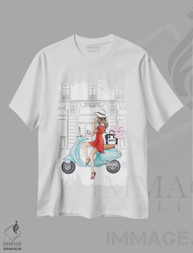 تیشرت سفید طرح دار دختر سوار وسپا، مدیوم اثر لالانا آرتس | فروشگاه ایماژ