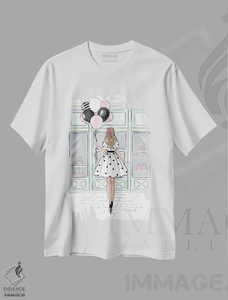 تیشرت سفید طرح دار فروشگاه شیرینی؛ دختر بلوند، مدیوم اثر لالانا آرتس | فروشگاه ایماژ
