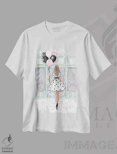 تیشرت سفید طرح دار فروشگاه شیرینی؛ دختر بلوند، مدیوم اثر لالانا آرتس | فروشگاه ایماژ