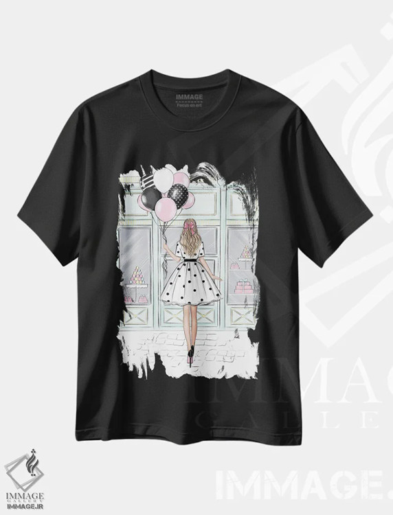 تیشرت مشکی طرح دار فروشگاه شیرینی؛ دختر بلوند، مدیوم اثر لالانا آرتس | immage.ir
