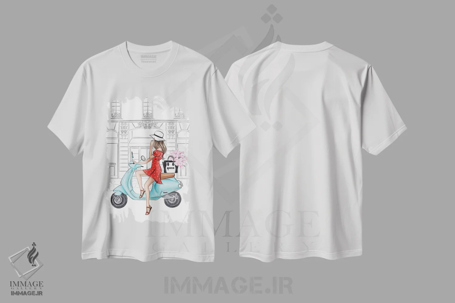 تیشرت سفید طرح دار دختر سوار وسپا، مدیوم اثر لالانا آرتس | فروشگاه ایماژ