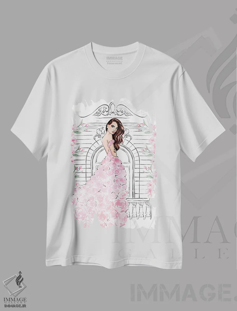 تیشرت سفید طرح دار لباس رز صورتی، مدیوم اثر لالانا آرتس | immage.ir