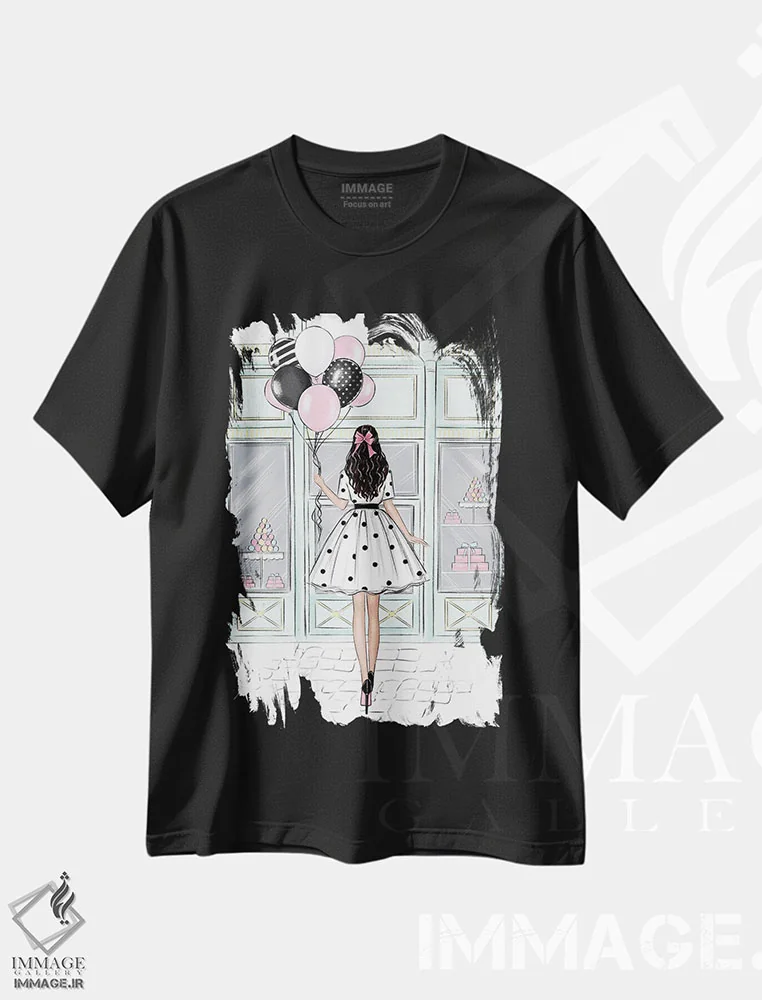 تیشرت مشکی طرح دار فروشگاه شیرینی؛ دختر مشکی مو، مدیوم اثر لالانا آرتس | فروشگاه ایماژ
