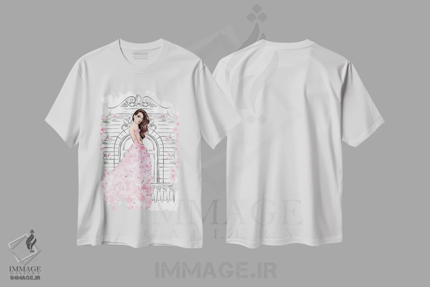 تیشرت سفید طرح دار لباس رز صورتی، مدیوم اثر لالانا آرتس | immage.ir