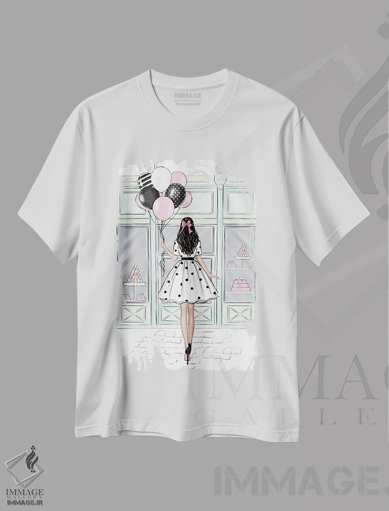 تیشرت سفید طرح دار فروشگاه شیرینی؛ دختر مشکی مو، مدیوم اثر لالانا آرتس | immage.ir
