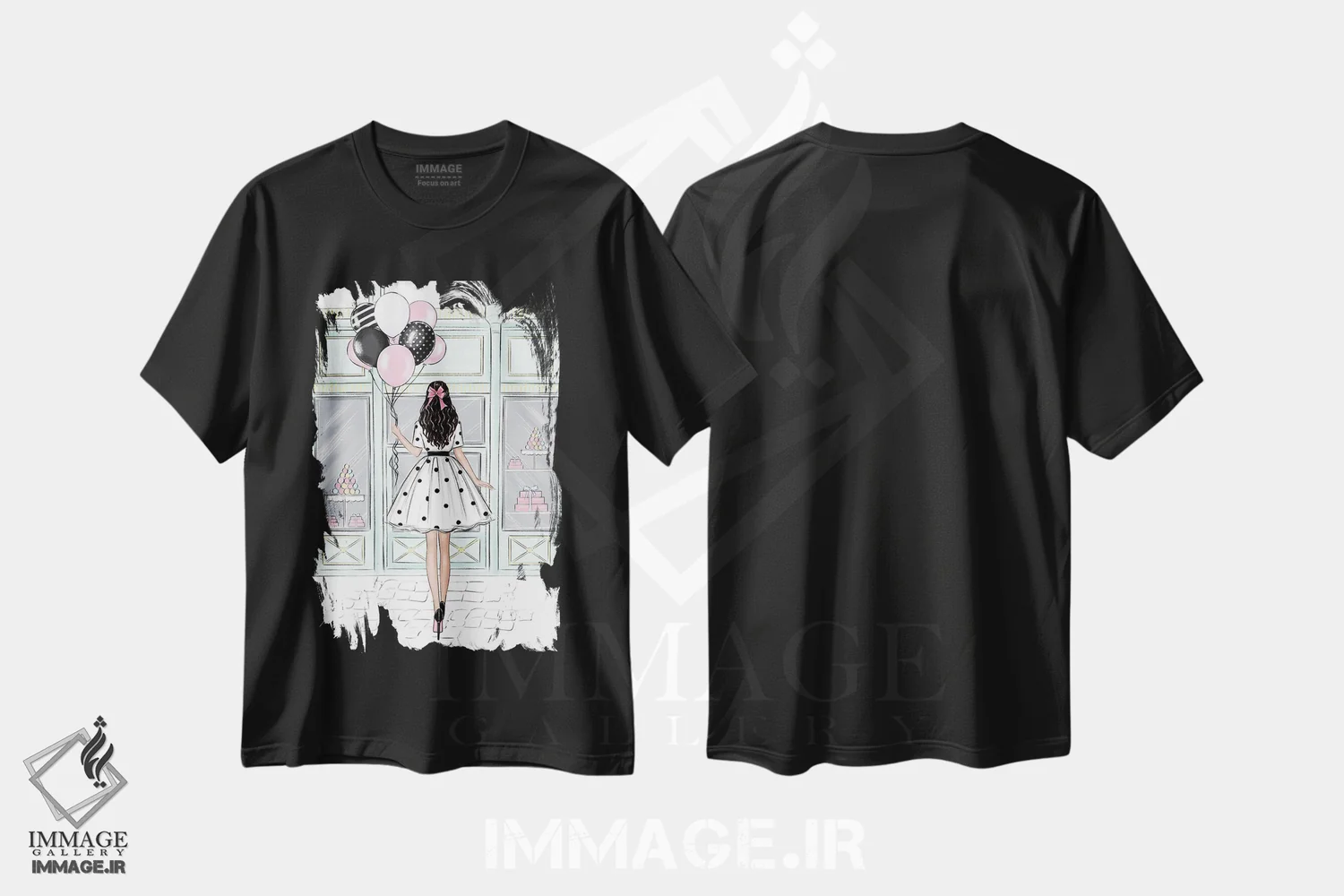 تیشرت مشکی طرح دار فروشگاه شیرینی؛ دختر مشکی مو، مدیوم اثر لالانا آرتس | فروشگاه ایماژ