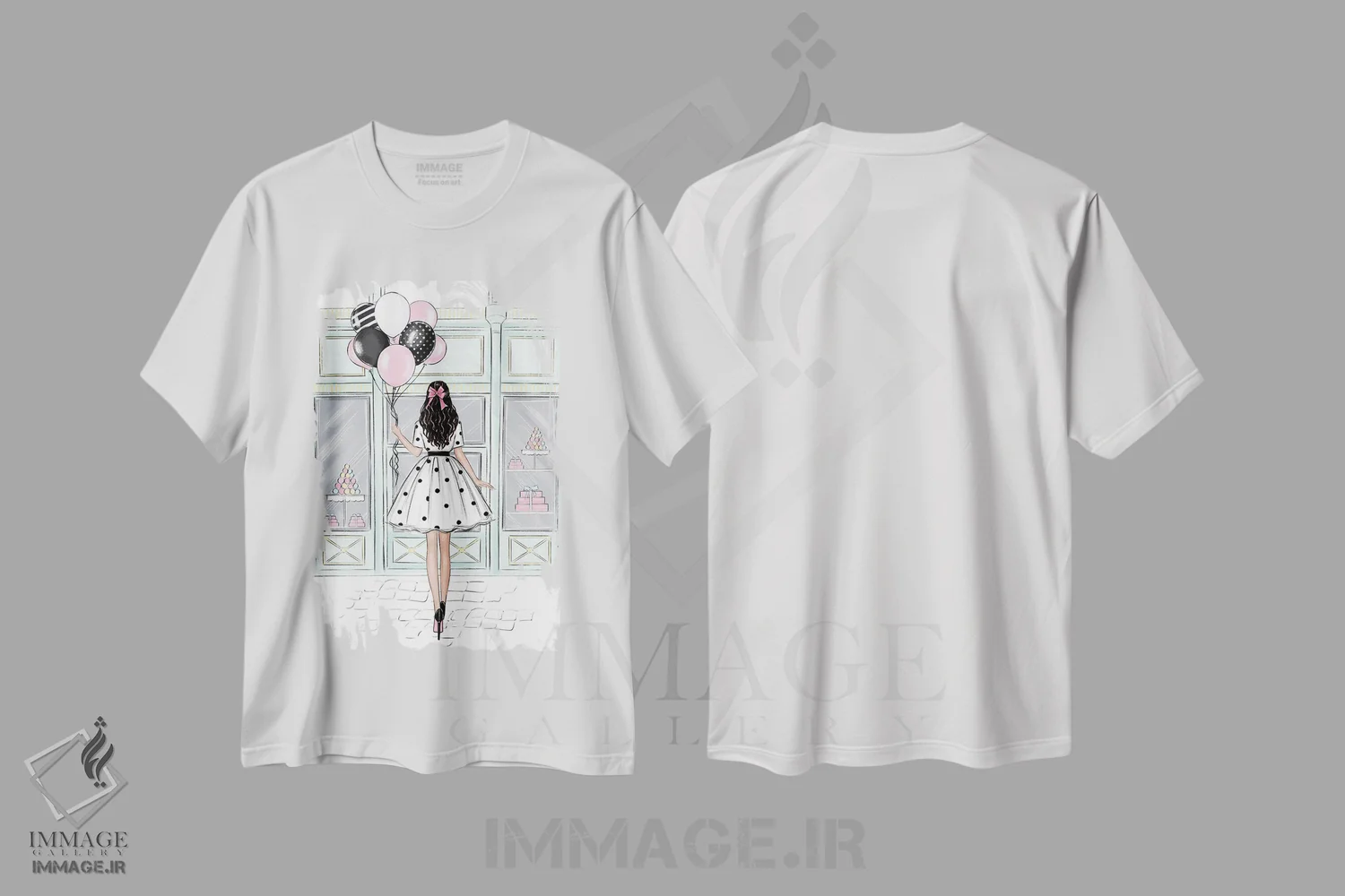 تیشرت سفید طرح دار فروشگاه شیرینی؛ دختر مشکی مو، مدیوم اثر لالانا آرتس | immage.ir