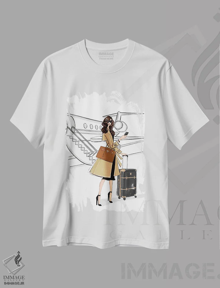 تیشرت سفید طرح دار سفر کاری؛ دختر مشکی مو، تزئینی اثر لالانا آرتس | immage.ir