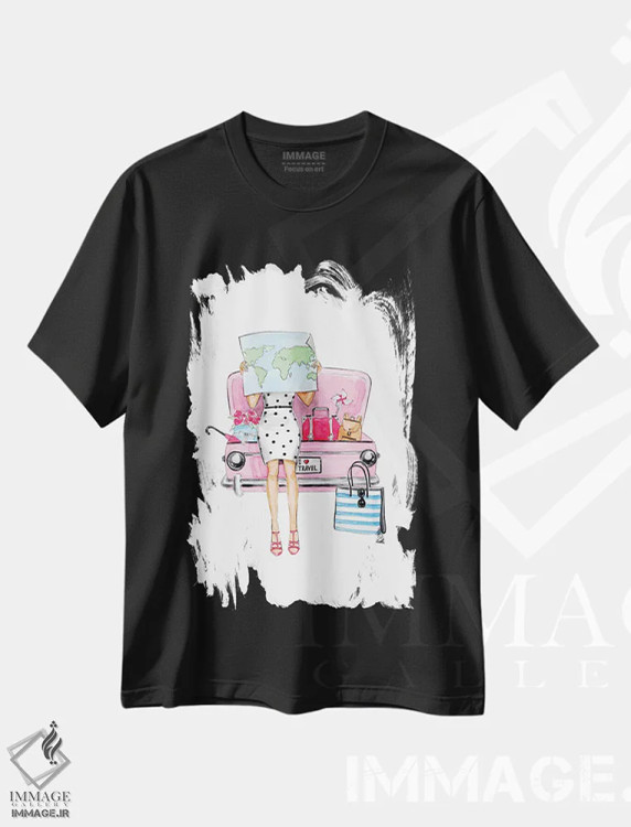 تیشرت مشکی طرح دار سفر با ماشین، باربیکور اثر لالانا آرتس | immage.ir