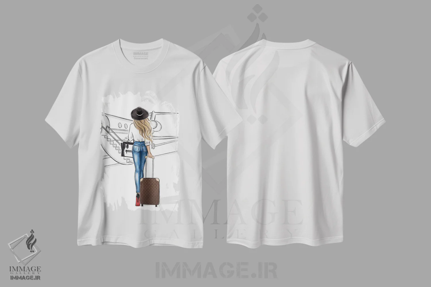تیشرت سفید طرح دار سفر با هواپیما؛ دختر بلوند، تزئینی اثر لالانا آرتس | فروشگاه ایماژ