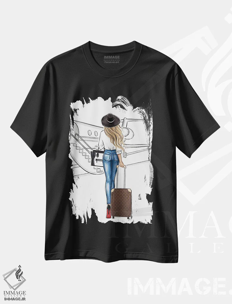 تیشرت مشکی طرح دار سفر با هواپیما؛ دختر بلوند، تزئینی اثر لالانا آرتس | immage.ir