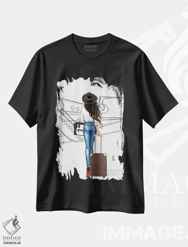 تیشرت مشکی طرح دار سفر با هواپیما؛ دختر مشکی مو، تزئینی اثر لالانا آرتس | فروشگاه ایماژ