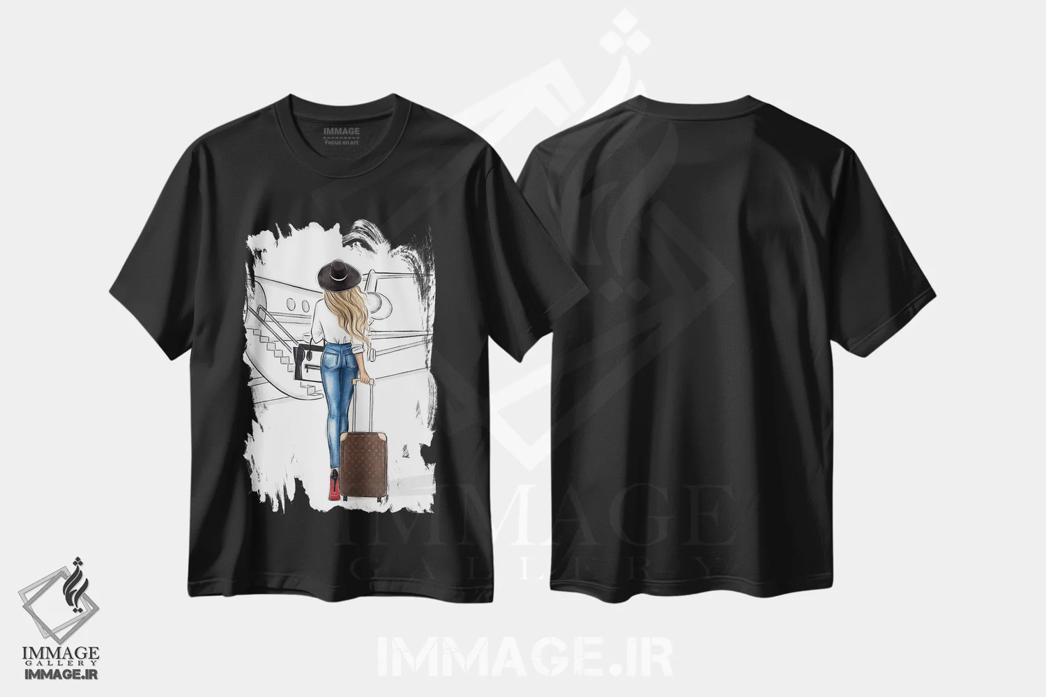 تیشرت مشکی طرح دار سفر با هواپیما؛ دختر بلوند، تزئینی اثر لالانا آرتس | immage.ir