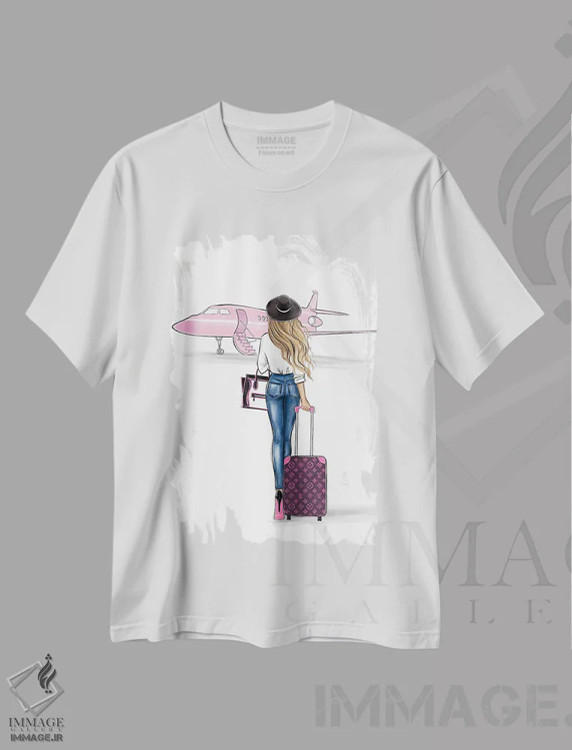 تیشرت سفید طرح دار هواپیمای صورتی؛ دختر بلوند، تزئینی اثر لالانا آرتس | فروشگاه ایماژ