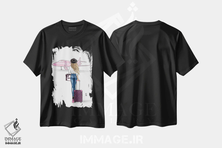 تیشرت مشکی طرح دار هواپیمای صورتی؛ دختر بلوند، تزئینی اثر لالانا آرتس | immage.ir