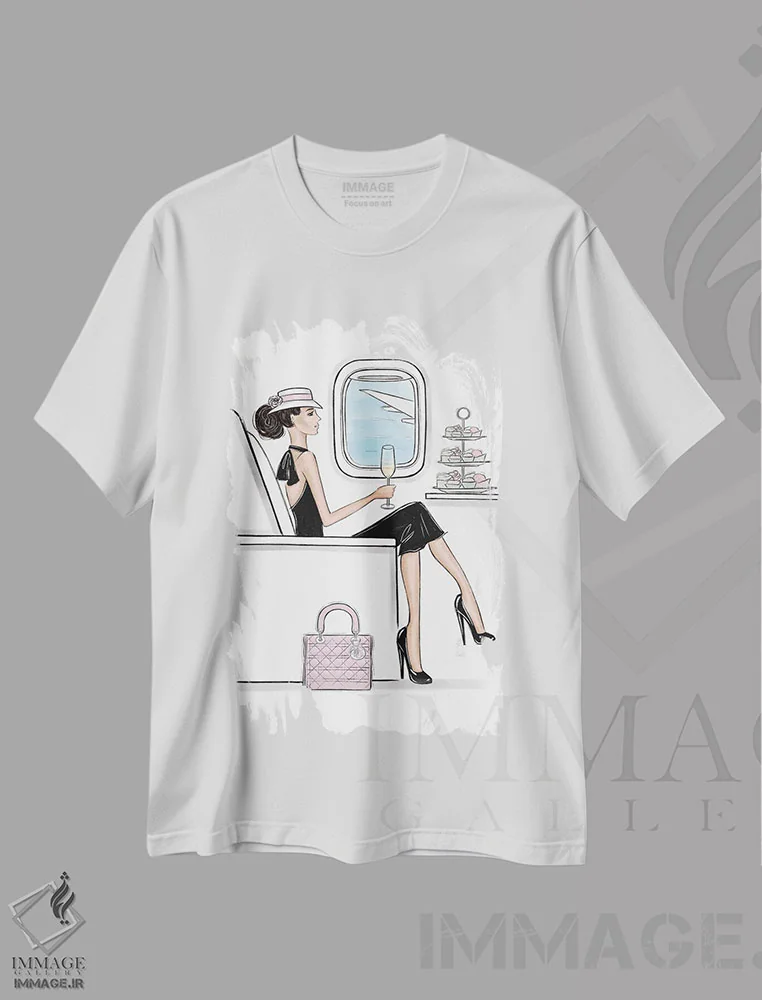 تیشرت سفید طرح دار در هواپیما با استایل؛ دختر مشکی مو، تزئینی اثر لالانا آرتس | فروشگاه ایماژ