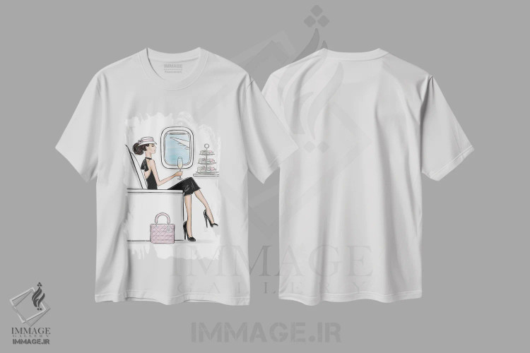 تیشرت سفید طرح دار در هواپیما با استایل؛ دختر مشکی مو، تزئینی اثر لالانا آرتس | فروشگاه ایماژ