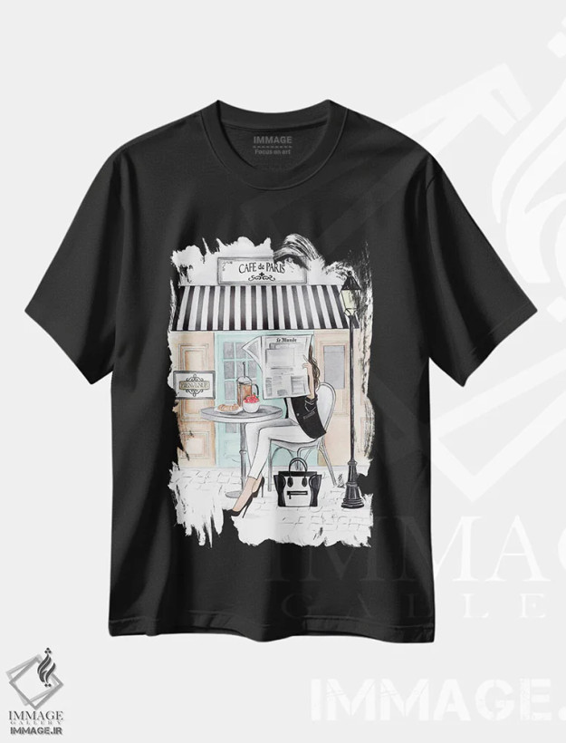 تیشرت مشکی طرح دار کافه در پاریس، مدیوم اثر لالانا آرتس | فروشگاه ایماژ
