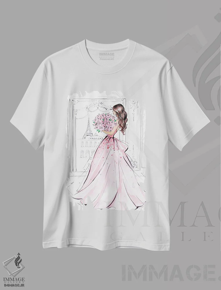 تیشرت سفید طرح دار دختر با دسته گل رز؛ مشکی مو، مدیوم اثر لالانا آرتس | فروشگاه ایماژ