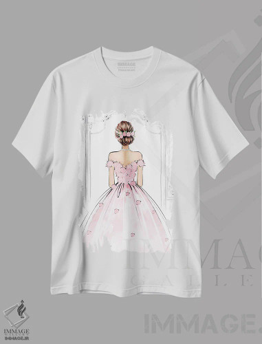 تیشرت سفید طرح دار پیراهن رز؛ دختر مشکی مو، مدیوم اثر لالانا آرتس | فروشگاه ایماژ