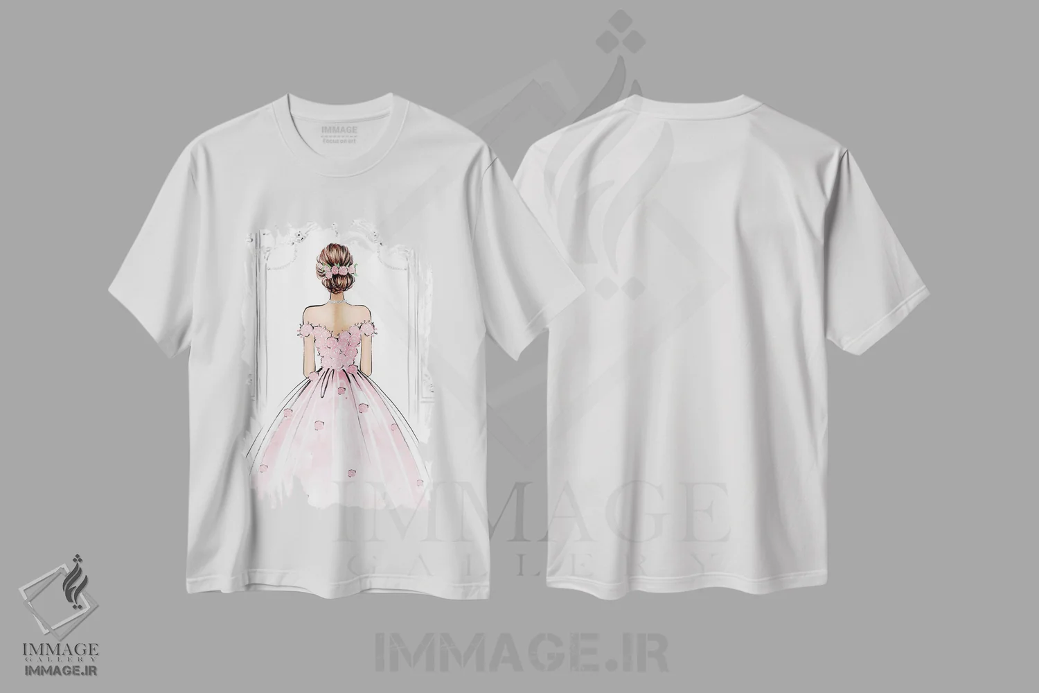 تیشرت سفید طرح دار پیراهن رز؛ دختر مشکی مو، مدیوم اثر لالانا آرتس | فروشگاه ایماژ