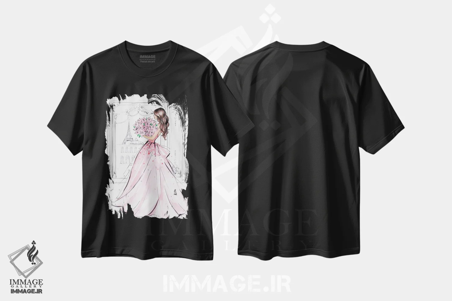 تیشرت مشکی طرح دار دختر با دسته گل رز؛ مشکی مو، مدیوم اثر لالانا آرتس | immage.ir