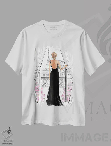 تیشرت سفید طرح دار بانویی با لباس مشکی در پاریس؛ بلوند، مدیوم اثر لالانا آرتس | فروشگاه ایماژ