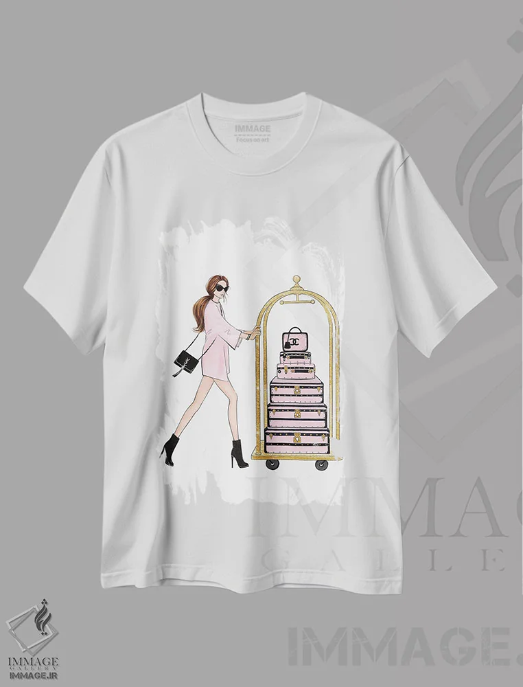 تیشرت سفید طرح دار دختر با چمدان ها، مدیوم اثر لالانا آرتس | immage.ir