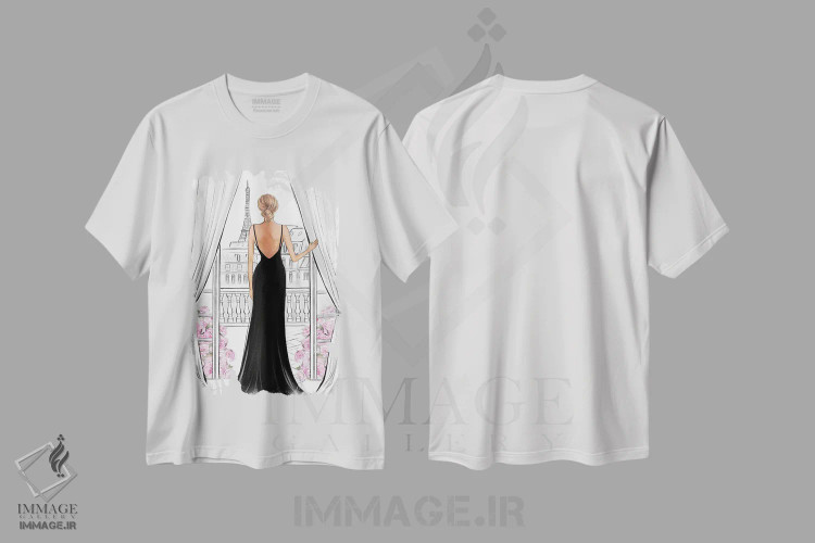 تیشرت سفید طرح دار بانویی با لباس مشکی در پاریس؛ بلوند، مدیوم اثر لالانا آرتس | فروشگاه ایماژ