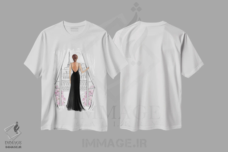 تیشرت سفید طرح دار بانویی با لباس مشکی در پاریس؛ ظاهر طبیعی، مدیوم اثر لالانا آرتس | فروشگاه ایماژ