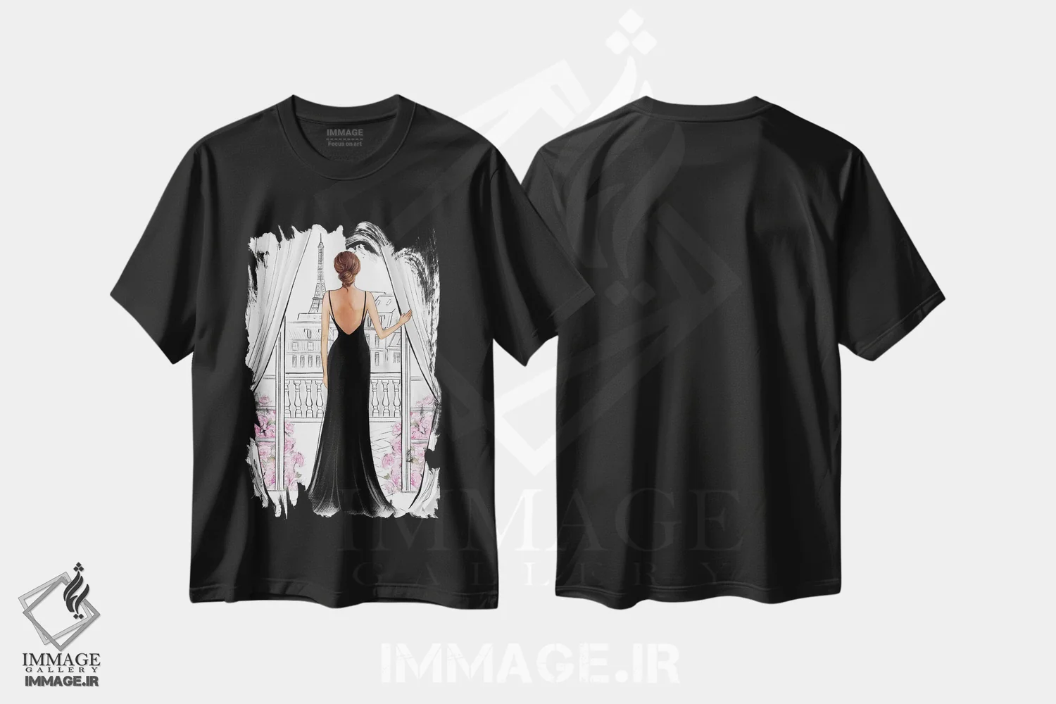 تیشرت مشکی طرح دار بانویی با لباس مشکی در پاریس؛ ظاهر طبیعی، مدیوم اثر لالانا آرتس | immage.ir