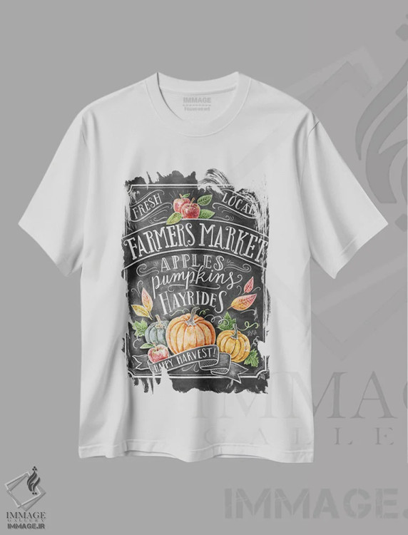 تیشرت سفید طرح دار بازار کشاورزان پاییزی، دست نقاشی و طراحی دستی اثر لیلی و ول | فروشگاه ایماژ