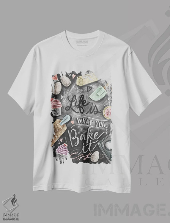 تیشرت سفید طرح دار زندگی همان است که خودت می پزی، دست نقاشی و طراحی دستی اثر لیلی و ول | immage.ir