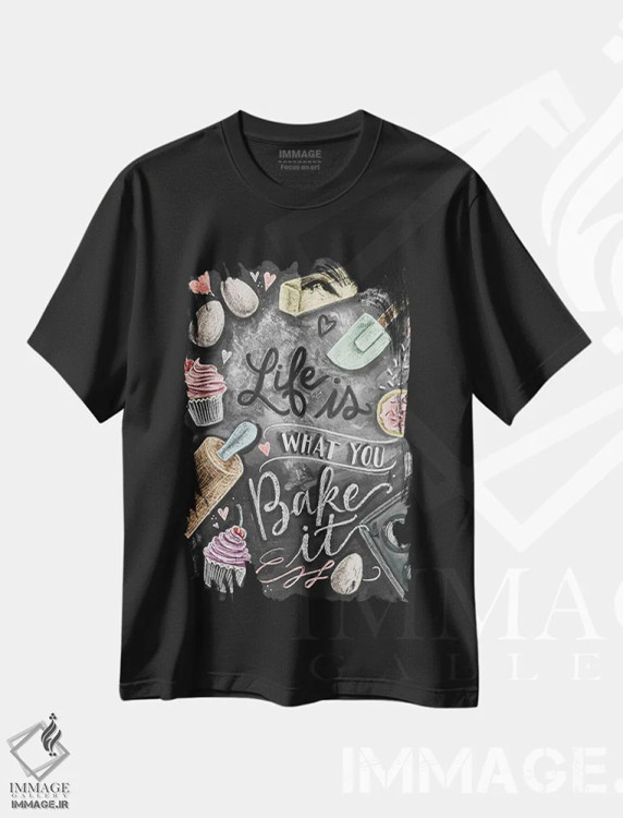 تیشرت مشکی طرح دار زندگی همان است که خودت می پزی، دست نقاشی و طراحی دستی اثر لیلی و ول | فروشگاه ایماژ